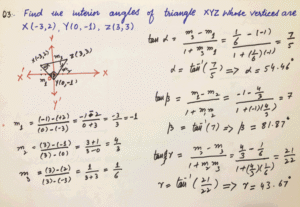 Find the interior angles of triangles XYZ whose vertices are X(-3,2) , Y(0,-1) , Z(3,3)