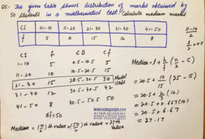 The table shows distribution of marks obtained by 50 students in a mathematical test. Calculate median marks
