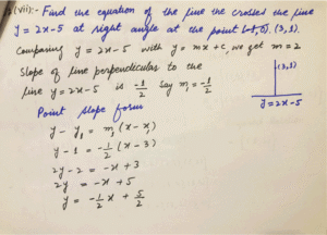 Find equation of line that crosses line y=2x-5 at right angle at point (3,1)