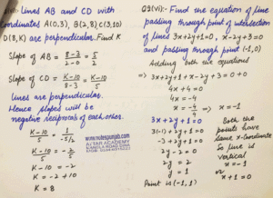 Find equation of line passing through point of intersection of lines 3x+2y+1=0 , x-2y+3=0 and passing through (-1,0)
