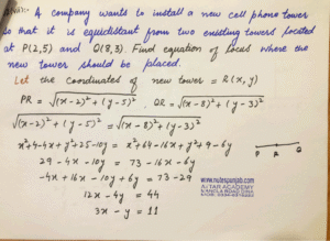 A company wants to install a new cell phone tower so that it is equidistant from two existing towers located at P(2,5) and Q(8,3). Find equation of locus
